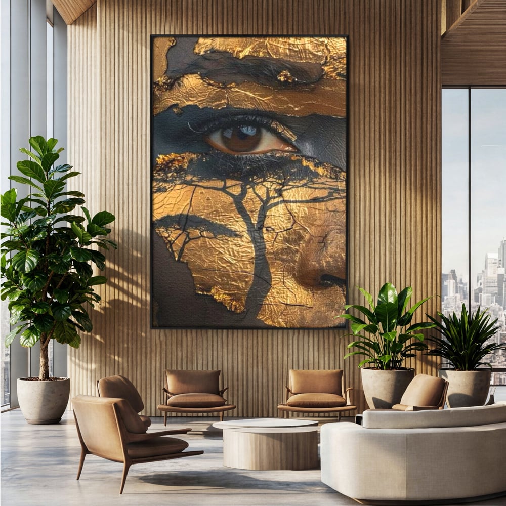 Tablou canvas cu tablou canvas cu ochi uman si arbore, in rama de aluminiu negru, pe perete intr-un birou